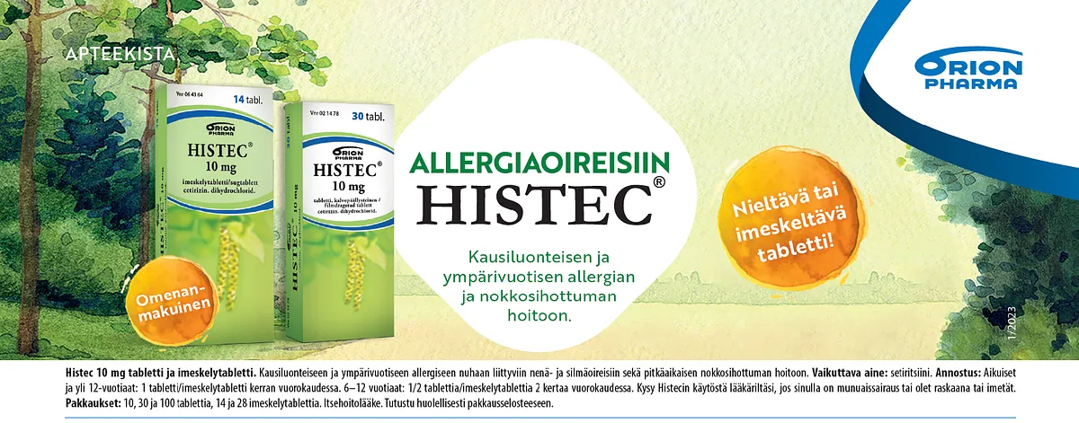 Allergiaoiresiin Histec. nieltävä tai imeskeltävä tabletti.